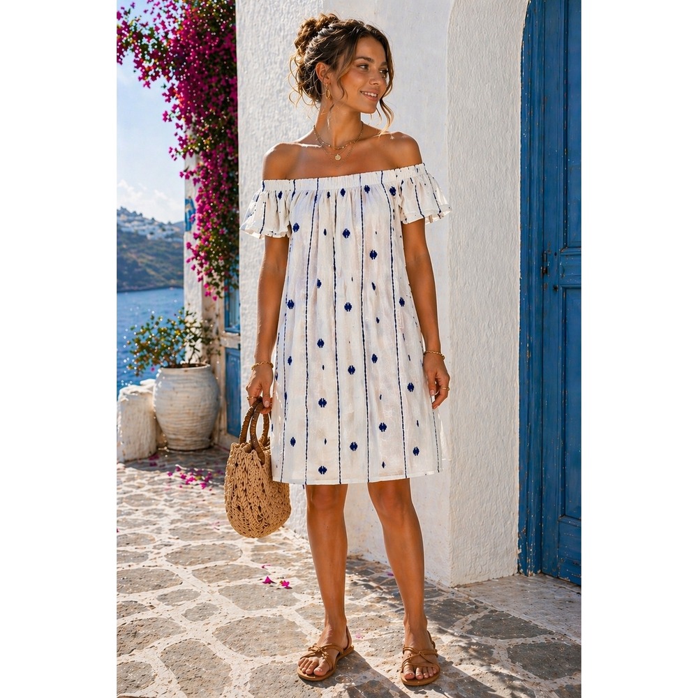 Blue White‎ Off Shoulder Boho Peasant Santorini Greek Isle Coastal Dress SZ M